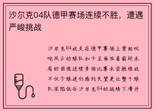 沙尔克04队德甲赛场连续不胜，遭遇严峻挑战