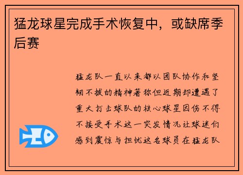 猛龙球星完成手术恢复中，或缺席季后赛